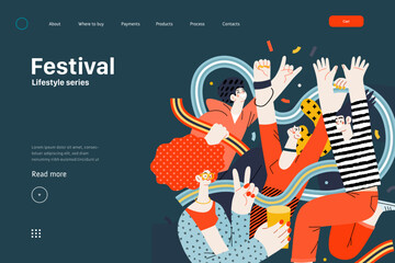 Lifestyle web template - Festival - modern flat vector illustration of a man and a woman taking part in the rock musical festival. People activities concept