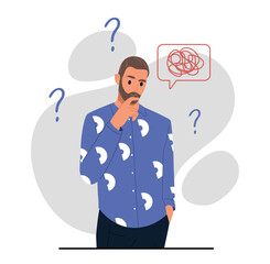 Man shrugging concept. Young guy does not know answer to question and FAQ. Information and knowledge, uncertainty. Gestures, facial expressions and emotions. Cartoon flat vector illustration