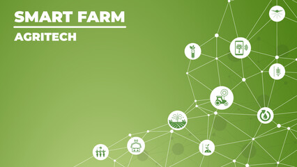 smart farm or agritech vector illustration. Banner with connected icons related to smart agriculture technology, digital iot farming methods and farm automation. 