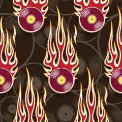 Obraz premium Seamless pattern with retro vintage vinyl record icon and hot rod flame. Digital vector illustration. Ideal for wallpaper packaging fabric textile wrapping paper design.