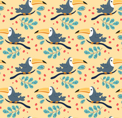 Seamless pattern with toucan. Repeating design element for printing on fabric. Tropical and exotic bird. Symbol of jungle and summer season. Flora and fauna. Cartoon flat vector illustration