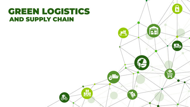 green logistics and supply chain vector illustration. Concept with connected icons related to sustainable transport