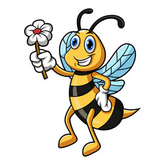 Illustration of Cute bee cartoon holding flower