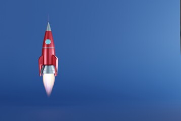 Rocket taking off against a blue background. Take-off, business concept. Following goals, climbing, getting promoted. 3D render, 3D illustration.