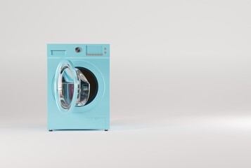 Washing machine on a white pastel background. Concept of doing laundry, using a washing machine for laundry. 3D render, 3D illustration.