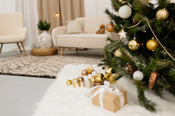 Beautiful interior of living room with decorated Christmas tree