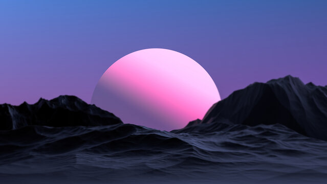 Futuristic landscape of a pink planet on the horizon. Fantastic mysterious landscape with mountains. 3D render.