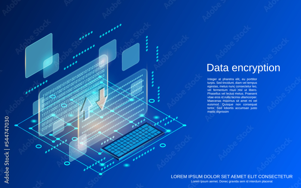 Poster data encryption, information protection, coding flat 3d isometric vector concept illustration