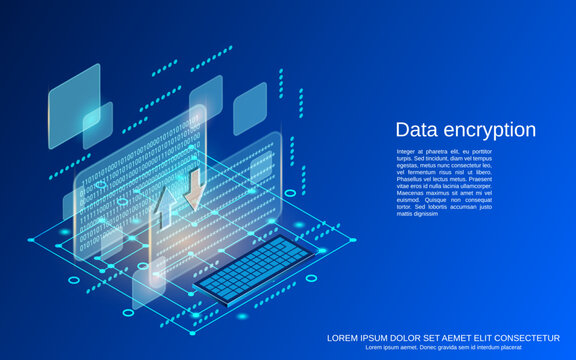 Data encryption, information protection, coding flat 3d isometric vector concept illustration