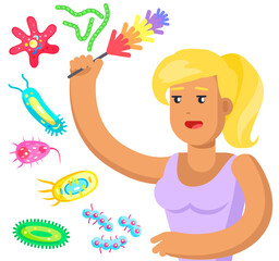 Home cleaning poster with housekeeping woman. Lady with pipidaster in hand fighting germs and dust. Housewife cleans dust and microorganisms vector illustration. Daily routine, housework concept