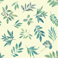 Branches and leaves painted in watercolor, collected in a seamless pattern.
