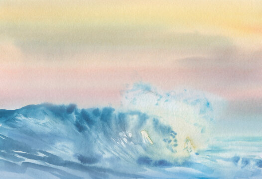 Seascape with waves painted in watercolor. Sunset on the sea.
