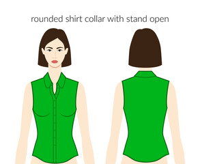 Rounded shirt collar with stand open neckline plackets clothes character in green top, dress technical fashion illustration fitted. Flat apparel template front, back sides. Women men unisex CAD mockup
