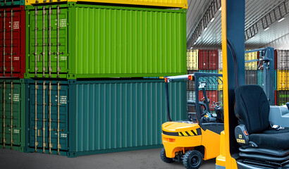 Logistic warehouse. Industrial hangar with sea containers. Warehouse with colorful containers. Forklift inside logistics warehouse. 20ft shipping containers in building. 3d rendering.