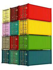 Fototapeta premium Containers for sea transportation. Multicolored closed cargo containers. Twenty foot shipping tare. Sea import and export concept. Containers for transportation across ocean. Tare isolated. 3d image