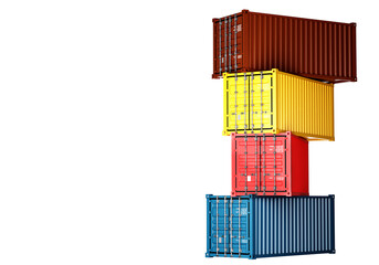 Cargo containers. Multicolored tare for transporting goods by sea. Closed containers with capacity data. Cargo sea containers isolated on white. Tare for transport companies. Export concept. 3d image