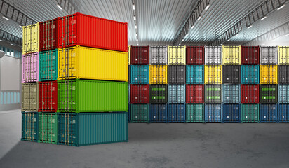 Fototapeta premium Warehouse with metal containers. Storage inside large hangar. Closed sea containers are ready to be loaded onto ship. Industrial warehouse with sea containers. Concept sale of cargo tare. 3d image