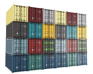 Warehouse sea containers. 20 foot shipping containers. Lots closed shipping containers. Warehouse symbolizes freight transportation. Large metal boxes isolated on white. 3d rendering.