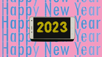 Word text Happy New Year on background and number 2023 written on screen of white smartphone. Full...