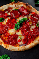 pizza with salami and tomatoes