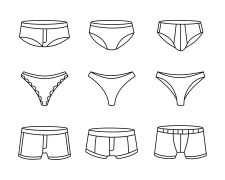Underpants outline sketch set. Woman and men underpants. Personal underclothing apparel. Classic boxers, trunks, bikini, strings, thong.