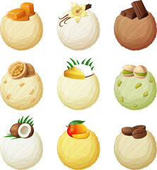 Set of ice-cream vector icons isolated on white background, cartoon illustrations of scoops of ice cream with different flavors: caramel, vanilla, chocolate, walnut, pinacolada, phistachio, coconut