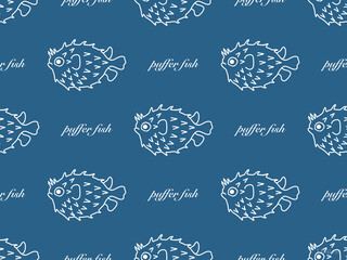 Puffer Fish cartoon character seamless pattern on blue background © Eakkarach