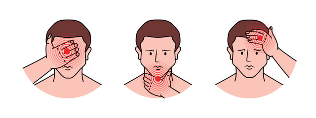 Head, throat and neck pains illustration. Human head pain sketch set. Ache in different part of human body set. Vector illustration