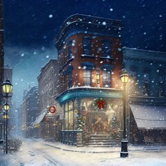 Illustration of snow-covered city streets decorated for Christmas. High quality illustration