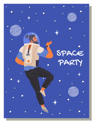 Animators birthday party in cosmic style. Theme party in costumes. Dancing people in costumes have fun at space party. Characters in self made outfits surrounded by cosmic bodies, space disco poster