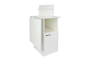 Table transformer with a shelf on a white isolated background in the folded state. Folding white furniture