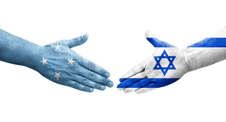 Handshake between Micronesia and Israel flags painted on hands, isolated transparent image.