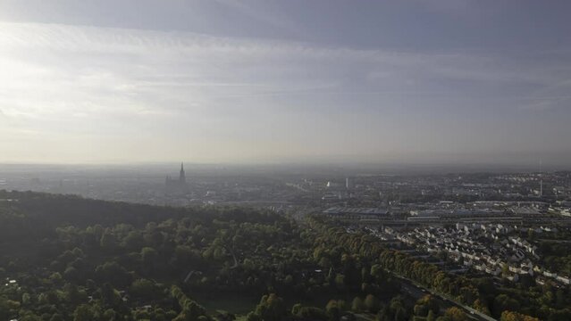 Approaching city of Ulm from north on a morning in autumn aerial time lapse