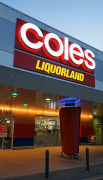 Sydney, Australia - November 13, 2017: Coles supermarket and  Liquorland neon signboards near shop entrance in Edgecliff. Liquorland is an Australian liquor chain, a part of the Coles Liquor division.