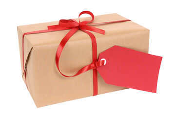 Gift box package parcel with red tag christmas valentine isolated transparent background photo PNG...