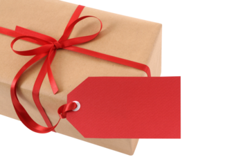 Gift box parcel package with red tag christmas valentine isolated transparent background photo PNG file
