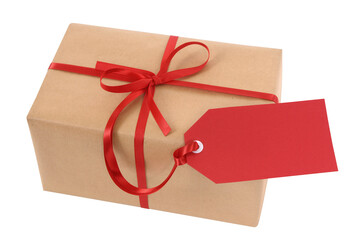 Gift box package parcel tied with red tag label isolated transparent background photo PNG file