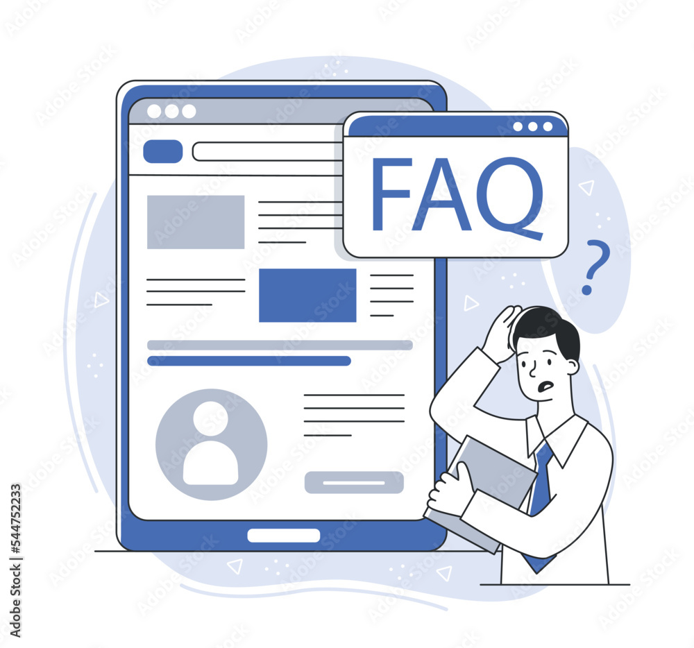 Poster faq website support page. young guy looking for information and knowledge on internet. feedback and 