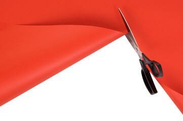 Scissors cutting red paper background isolated transparent photo PNG file