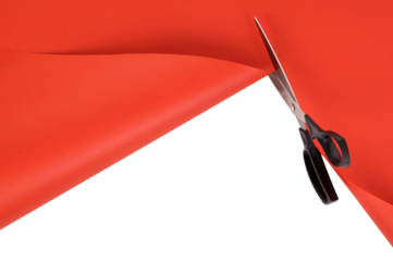 Scissors cutting red paper background isolated transparent photo PNG file