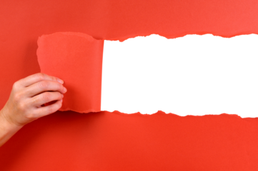 Hand tearing red paper background isolated transparent photo PNG file