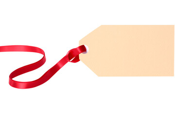 Plain gift tag with red ribbon isolated transparent background photo PNG file