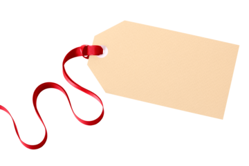 Plain gift tag with red ribbon front flat isolated transparent background photo PNG file