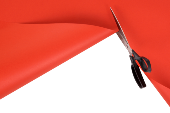 Scissors cutting red paper background isolated transparent photo PNG file