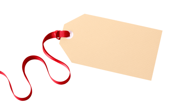 Plain gift tag with red ribbon front flat isolated transparent background photo PNG file