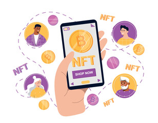 People buying online NFT. Character acquires cryptocurrency. Investment and blockchain technology. Security of transactions on Internet, safety. Poster or banner. Cartoon flat vector illustration
