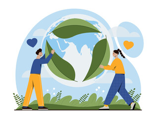 People fighting against pollution. Man and woman collect recycling badge from leaves. Motivational poster or banner. Caring for nature, environment and ecology. Cartoon flat vector illustration