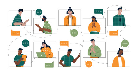 Video call or conference. Modern technologies, remote employees or freelancers and coworkers. Set of graphic elements for website. Cartoon flat vector illustrations isolated on white background