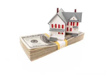 Transparent PNG Small Model House on Stacks of Hundred Dollar Bills.