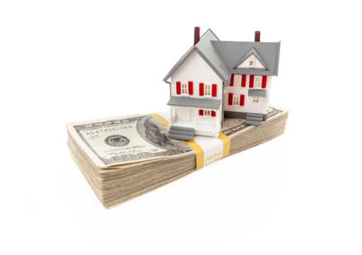 Transparent PNG Small Model House on Stacks of Hundred Dollar Bills. - Powered by Adobe